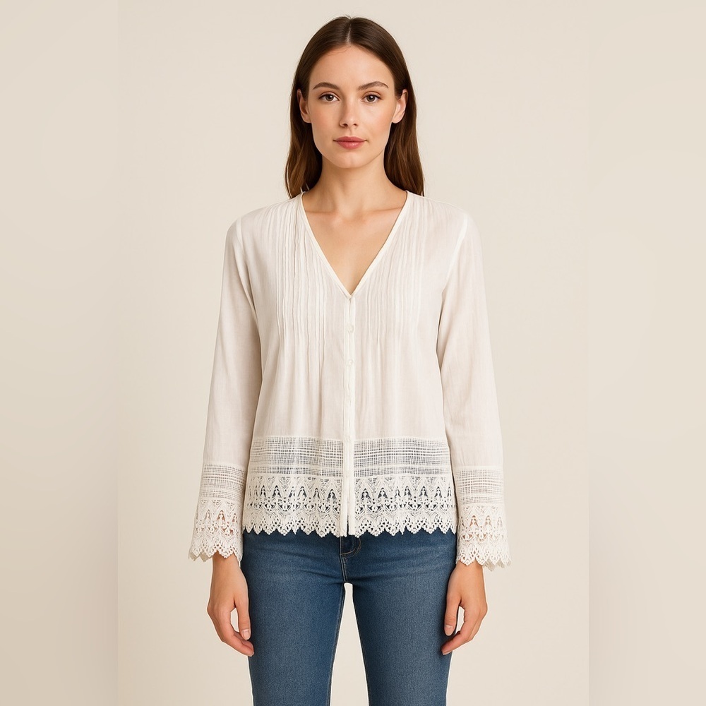 🕊️ Naf Naf White Boho Lace Trim Blouse – Size 38 (US M/L)